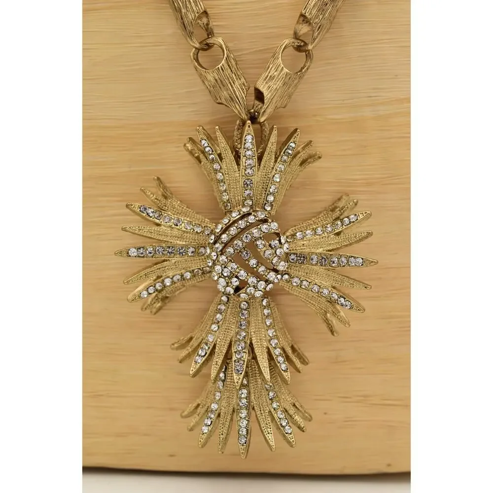 OPC Vintage Statement Cross Necklace Crystal Brushed Chunky Heavy Gold BinBD